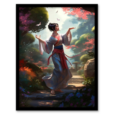 B&Q -  Framed Wall Art Geisha Performing In Tranquil Garden Graceful Traditional Dance In Spring Bloom Flowers12X16 Inch