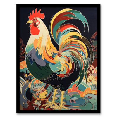 Artery8 Cockerel Rooster Modern Flamboyant Colourful Painting Wall Art PrintA4 Size from B&Q