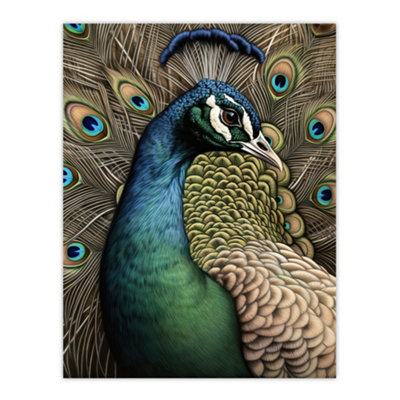 Artery8 Unframed Wall Art Curious Peacock Detailed Pen And Ink Study Turquoise Modern12X16 Inch from B&Q