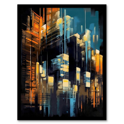 Artery8 Downtown Motown Skyscraper Architectural Blue Orange Painting Modern New York Wall Art PrintA4 Size from B&Q