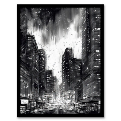 B&Q -  Downtown Chicago Ink Sketch Cityscape Pen And Ink Charcoal Dark Moody Wall Art PrintA4 Size