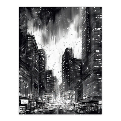 B&Q -  Unframed Wall Art Downtown Chicago Ink Sketch Cityscape Pen And Ink Charcoal Dark Moody12X16 Inch
