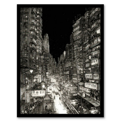 B&Q -  Framed Wall Art Downtown Tokyo Sketch Cityscape Pen & Ink Drawing Japan Black White12X16 Inch