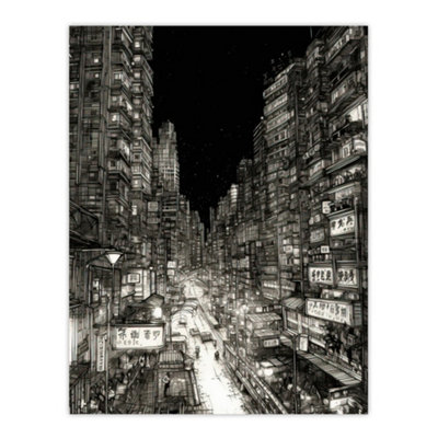 B&Q -  Unframed Wall Art Downtown Tokyo Sketch Cityscape Pen & Ink Drawing Japan Black White12X16 Inch