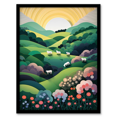 Artery8 Valley Of The Sheep Modern Digital Aesthetic Sunrise English Countryside Simple Flat Wall Art PrintA4 Size from B&Q