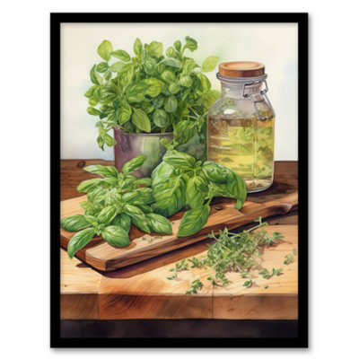 B&Q -  Country Kitchen Art Watercolour Basil Herb Still Life Study Painting Wall Art PrintA4 Size