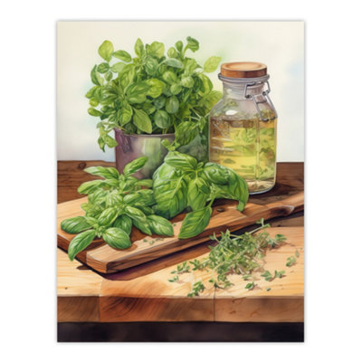 B&Q -  Unframed Wall Art Country Kitchen Art Watercolour Basil Herb Still Life Study Painting12X16 Inch