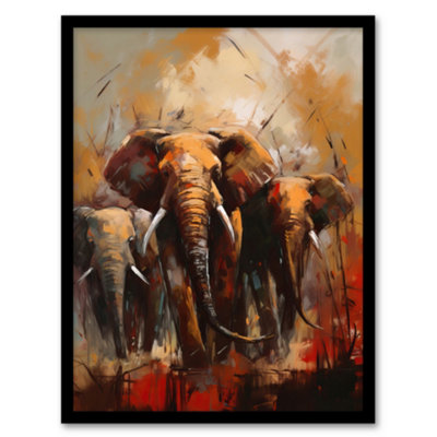 Artery8 The Elephant Charge By Duncan Flint African Elephants Oil Painting Wall Art PrintA4 Size from B&Q