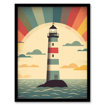 Artery8 Framed Wall Art Retro Lighthouse Bathroom Art Sunrise Mid Century Modern Flat Vintage Style12X16 Inch from B&Q