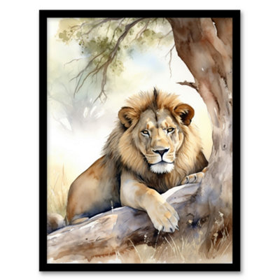 Artery8 Majestic Lion African Savannah Watercolour Africa Wall Art PrintA4 Size from B&Q