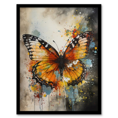 Artery8 Modern Ink Monarch Butterfly Watercolour Splatter Drip Wall Art PrintA4 Size from B&Q