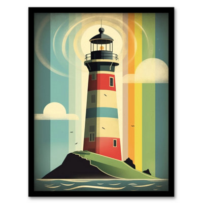 B&Q -  Modern Stylised Lighthouse Flat Style Multicoloured Seascape Illustration Wall Art PrintA4 Size