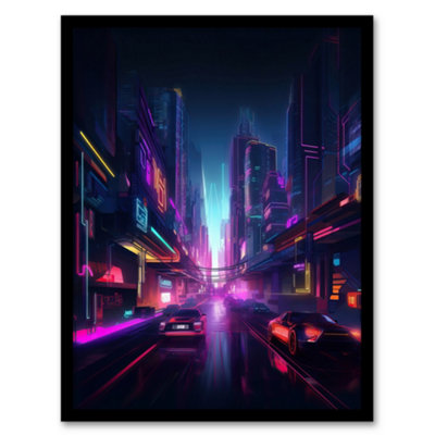Artery8 Framed Wall Art Neon Purple Cityscape Electronic Futuristic Skyscraper Boys Bedroom12X16 Inch from B&Q