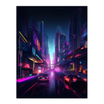 Artery8 Unframed Wall Art Neon Purple Cityscape Electronic Futuristic Skyscraper Boys Bedroom12X16 Inch from B&Q