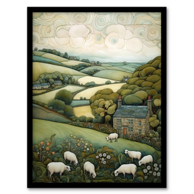 Artery8 Sleepy England By Celia Hapton Quirky Lake District Scene Rolling Hills Grazing Sheep Wall Art PrintA4 Size from B&Q
