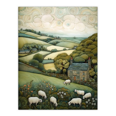 Artery8 Unframed Wall Art Sleepy England By Celia Hapton Quirky Lake District Scene Rolling Hills Grazing Sheep12X16 Inch from B&Q