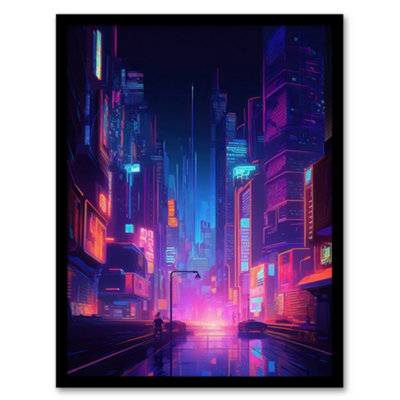 B&Q -  Framed Wall Art Synthpop City Modern Neon Futuristic Cityscape Blue Purple12X16 Inch
