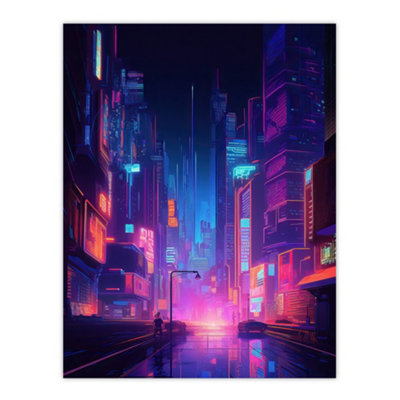 B&Q -  Unframed Wall Art Synthpop City Modern Neon Futuristic Cityscape Blue Purple12X16 Inch