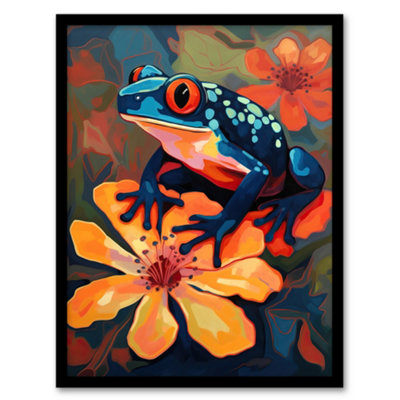 B&Q -  Framed Wall Art Tropical Blue Frog On Orange Flower Striking Oil Painting Jungle12X16 Inch