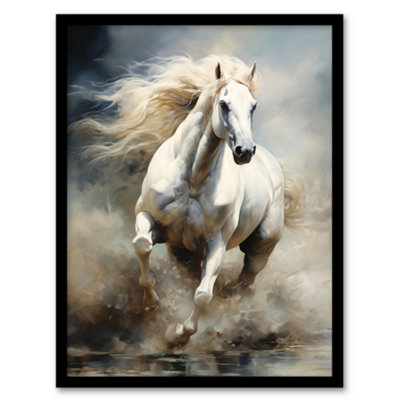 B&Q -  Framed Wall Art Wild White Horse Majestic Mane Oil Painting12X16 Inch