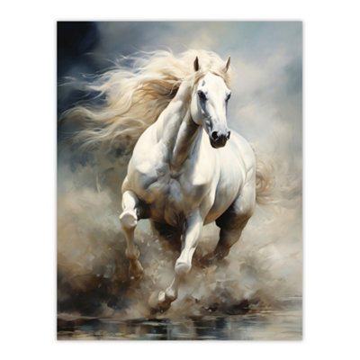 B&Q -  Unframed Wall Art Wild White Horse Majestic Mane Painting12X16 Inch