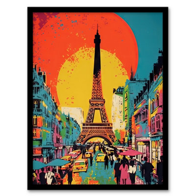 Artery8 Eiffel Tower Sunset Vibrant Painting Busy Paris Street Pedestrians Walking To Monument Wall Art PrintA4 Size from B&Q