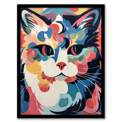 Artery8 Cat Graphic 1960S Abstract Painting Pastel Colour Retro Boho Animal Portrait Wall Art PrintA4 Size from B&Q
