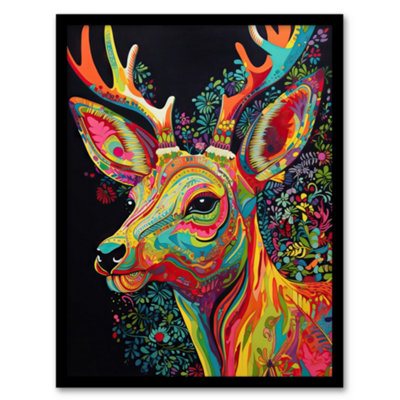 Artery8 Reindeer Rainbow Abstract Floral Pattern Stag Head Vibrant Bold Bright Colourful Painting Wall Art PrintA4 Size from B&Q