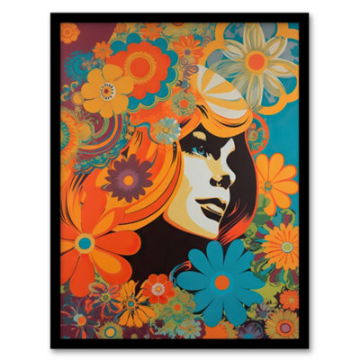 Artery8 Flower Portrait Retro Orange And Blue Abstract Portrait Vibrant Bold Bright Colourful Painting Wall Art PrintA4 Size from B&Q