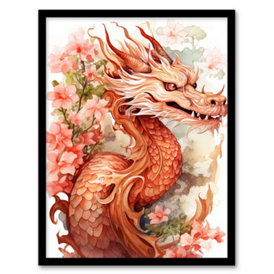 Artery8 Fantasy Dragon Serpent Floral Pink Orange 2024 China Year Of The Dragon Wall Art PrintA4 Size from B&Q
