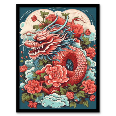 Artery8 Fantasy Dragon Fierce Peony Flower 2024 China Year Of The Dragon Wall Art PrintA4 Size from B&Q
