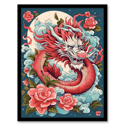 Artery8 Fantasy Dragon Floral Red Blue Roses 2024 China Year Of The Dragon Wall Art PrintA4 Size from B&Q