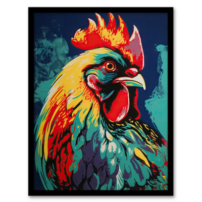 B&Q -  Framed Wall Art Cockerel Rooster Chicken Hen Screen Red Yellow Turquoise Vibrant Bold Bright Colourful12X16 Inch