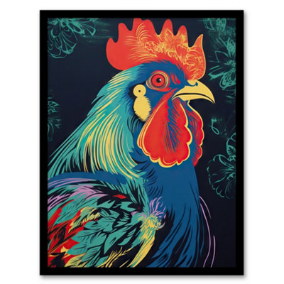 Artery8 Framed Wall Art Rooster Hen Chicken Artwork In Blue Red Vibrant Bold Bright Colourful Painting12X16 Inch from B&Q