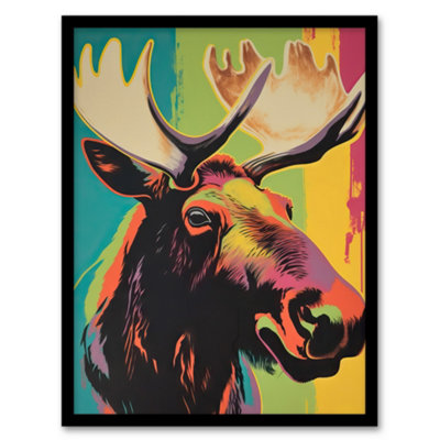 Artery8 Framed Wall Art Canadian Moose Psychedelic Animal Portrait Screen Artwork Vibrant Bold Bright Colourful12X16 Inch from B&Q