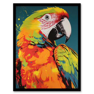 Artery8 Framed Wall Art Macaw Parrot Neon Orange Green On Teal Exotic Bird Artwork Vibrant Bold Bright Colourful12X16 Inch from B&Q