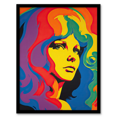 Artery8 Framed Wall Art 1960's Retro Portrait Woman Psychedelic Rainbow Colours Vibrant Bold Bright Colourful12X16 Inch from B&Q