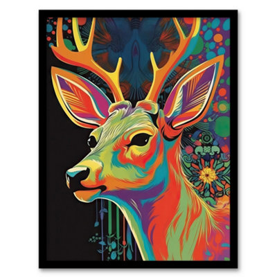 Artery8 Framed Wall Art Psychedelic Buck Multicoloured Deer Abstract Painting Vibrant Bold Bright12X16 Inch from B&Q