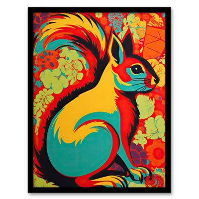 Artery8 Framed Wall Art Autumn Squirrel Screen Neon Red Orange Yellow Teal Abstract Vibrant Bold Bright Colourful12X16 Inch from B&Q