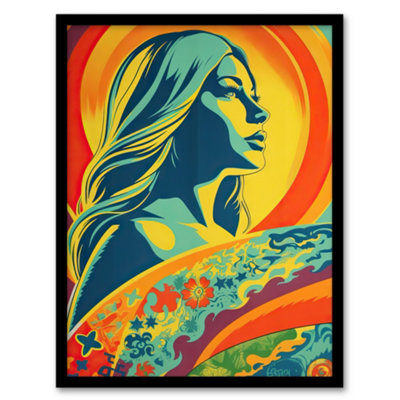 Artery8 Framed Wall Art Girl Surfer Aesthetic Sunset Surfing Floral Surf Board Vibrant Bold Bright Colourful12X16 Inch from B&Q
