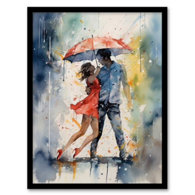 Artery8 Framed Wall Art Dancing In The Rain Watercolour Romance Red Blue Painting Rhythm Body Energy Theatre Arts12X16 Inch from B&Q