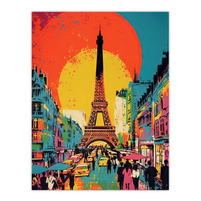 Artery8 Unframed Wall Art Eiffel Tower Sunset Vibrant Painting Busy Paris Street Pedestrians Walking To Monument12X16 Inch from B&Q