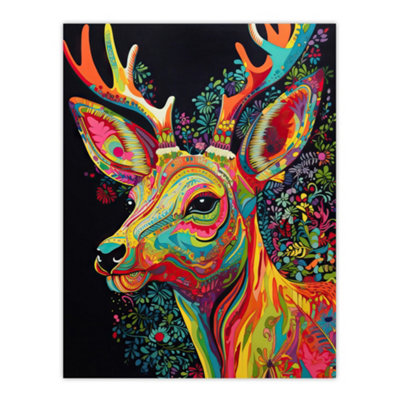 Artery8 Unframed Wall Art Reindeer Rainbow Abstract Floral Pattern Stag Head Vibrant Bold Bright Colourful Painting12X16 Inch from B&Q