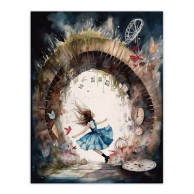 Artery8 Unframed Wall Art Alice In Wonderland Watercolour Rabbit Hole Whimsical Magical Adventure Painting12X16 Inch from B&Q