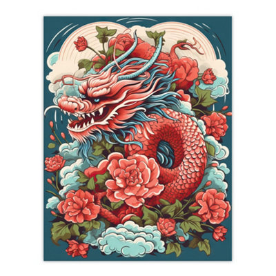 Artery8 Unframed Wall Art Fantasy Dragon Fierce Peony Flower 2024 China Year Of The Dragon12X16 Inch from B&Q