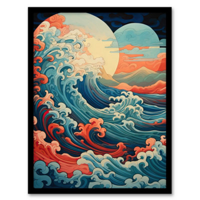 B&Q -  Sea Waves Sunset Seascape Painting Pink Red Blue Great Wave Off Kanagawa Stylised Depiction Wall Art PrintA4 Size