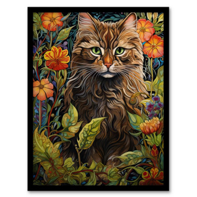 Artery8 Cat In Flower Field Blooms Stylised Graphic Painting Colourful Psychedelic Animal Portrait Wall Art PrintA4 Size from B&Q