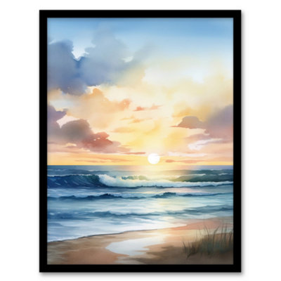 Artery8 Watercolour Waves Deserted Beach Seascape Wall Art PrintA4 Size from B&Q