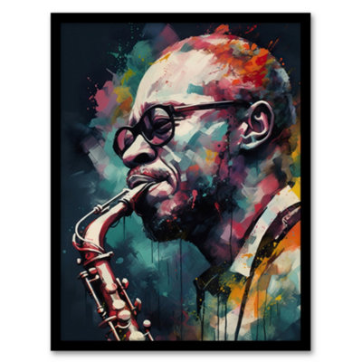 B&Q -  Saxophone Player Playing Music Acrylic Painting Blue Pink Yellow Jazz Musician Portrait Wall Art PrintA4 Size