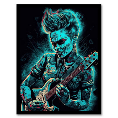Artery8 Psychobilly Music Electric Blue Artwork Rockabilly Punk Rock Guitarist With Tattoos Portrait Wall Art PrintA4 Size from B&Q